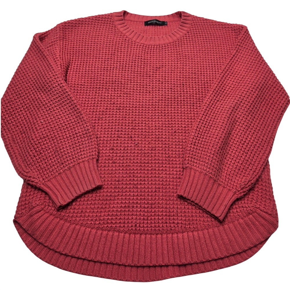 MEROKEETY Waffle Knit Sweater Pink Red Crew Neck High Low Hem Size M